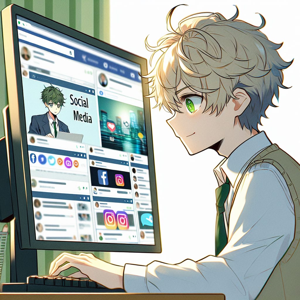 imagine in anime seraph of the end like look showing an anime boy with messy blond hair and green eyes working in social media beratung