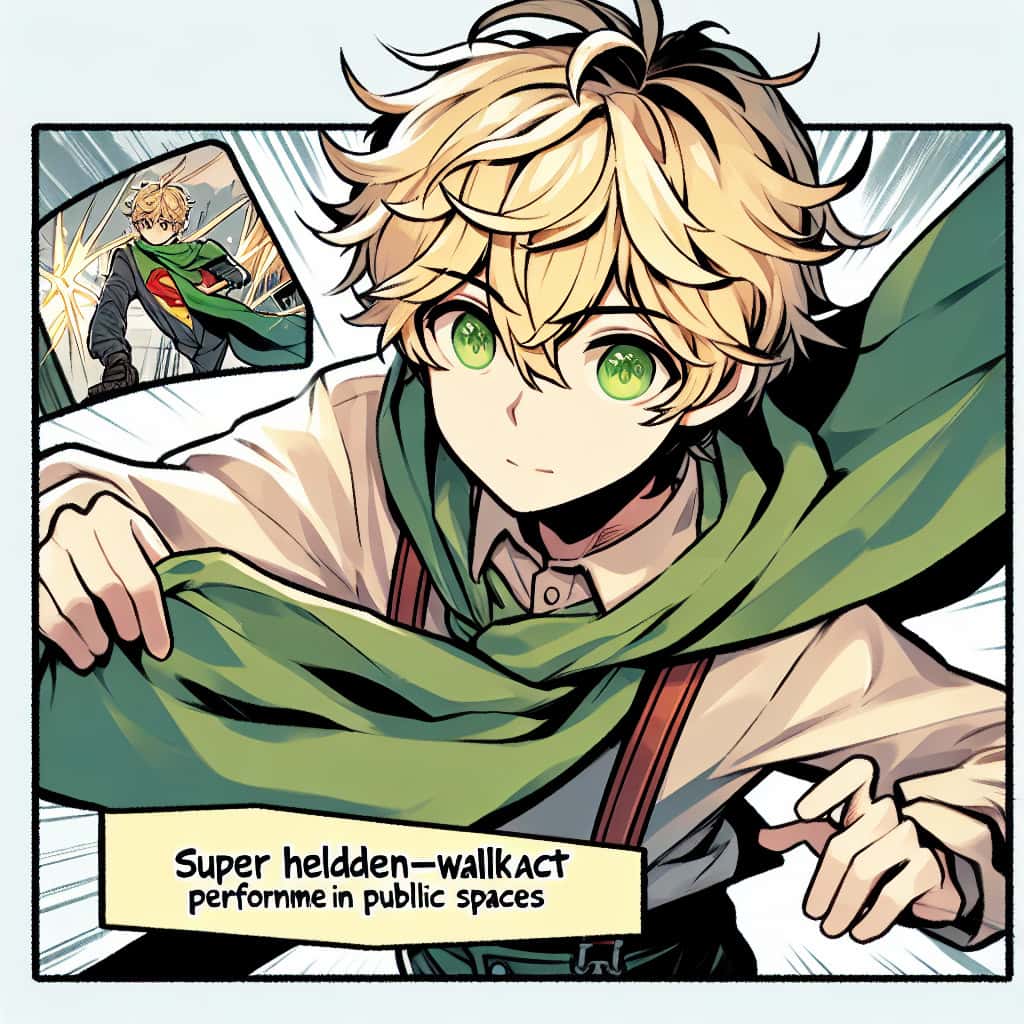 imagine in anime seraph of the end like look showing an anime boy with messy blond hair and green eyes working in superhelden walkacts