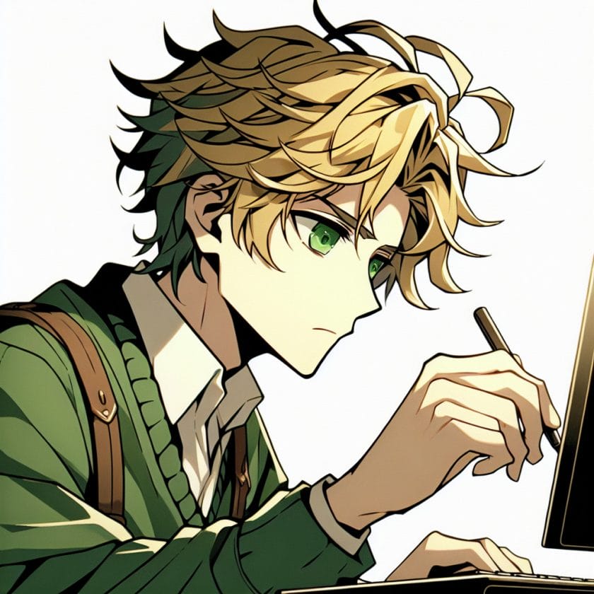 imagine in anime seraph of the end like look showing an anime boy with messy blond hair and green eyes working in ugc ersteller