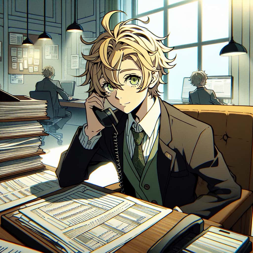 imagine in anime seraph of the end like look showing an anime boy with messy blond hair and green eyes working in unternehmensberatung