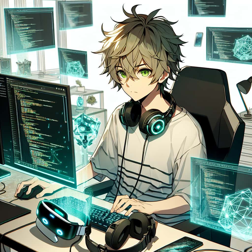 imagine in anime seraph of the end like look showing an anime boy with messy blond hair and green eyes working in vr entwickler