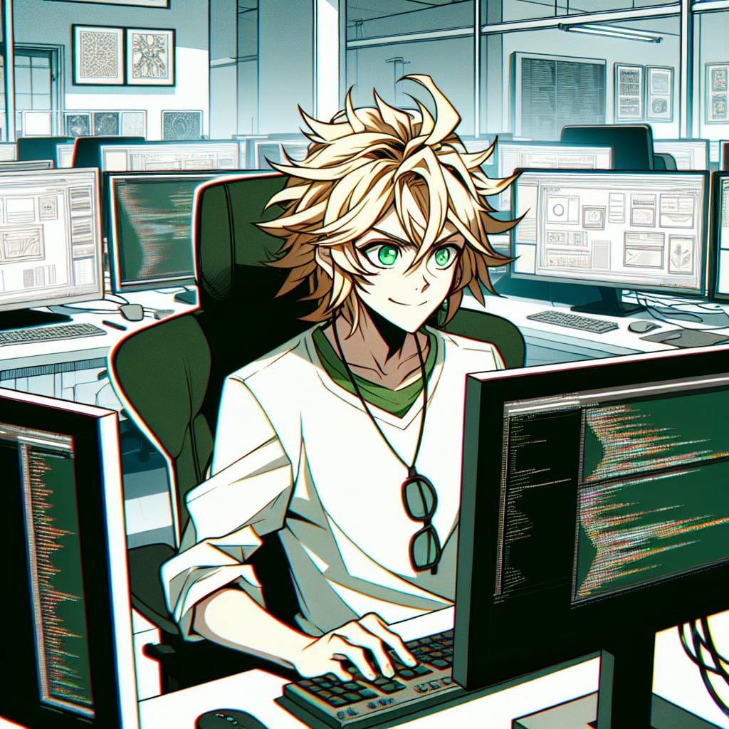 imagine in anime seraph of the end like look showing an anime boy with messy blond hair and green eyes working in webagentur