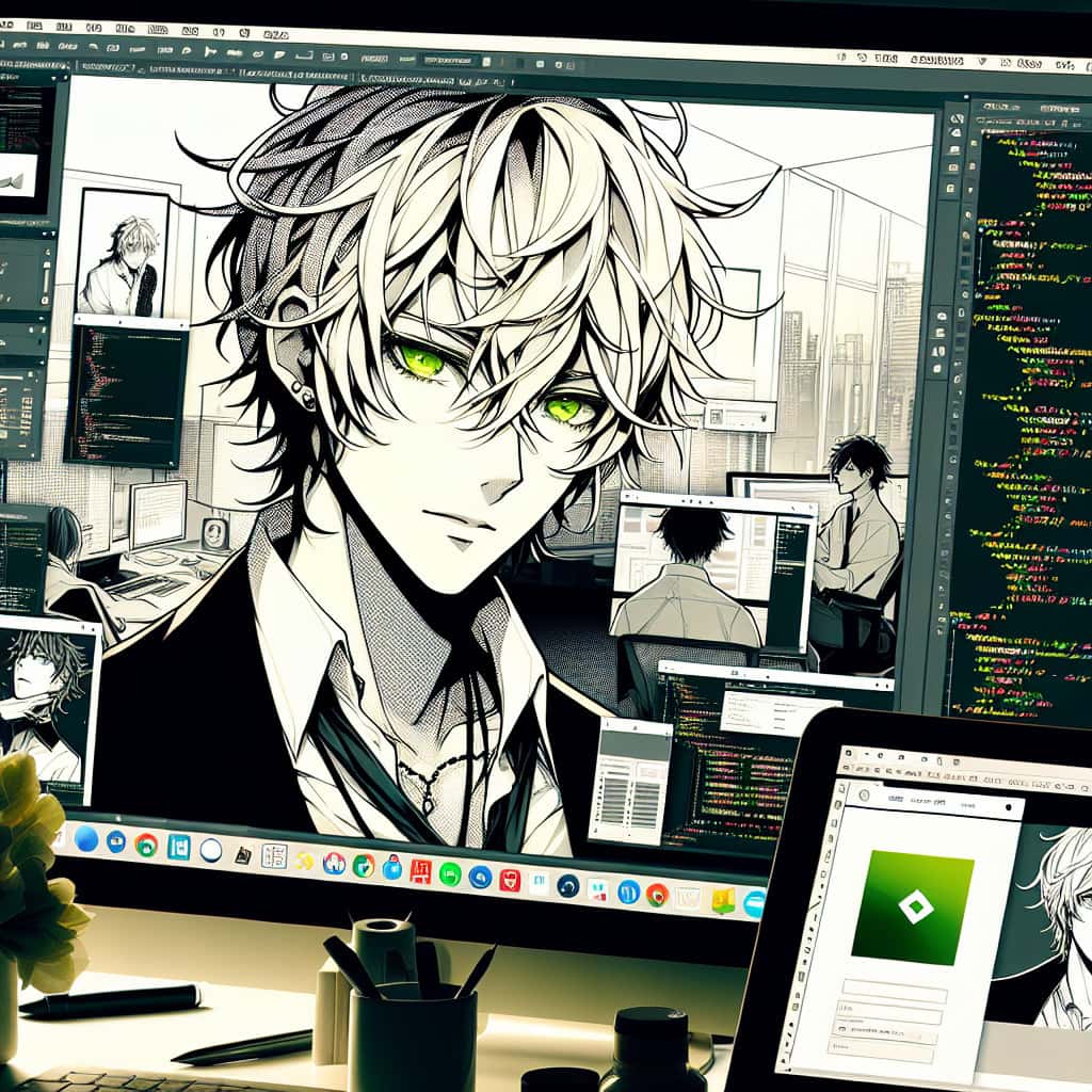 imagine in anime seraph of the end like look showing an anime boy with messy blond hair and green eyes working in website fuer dein business