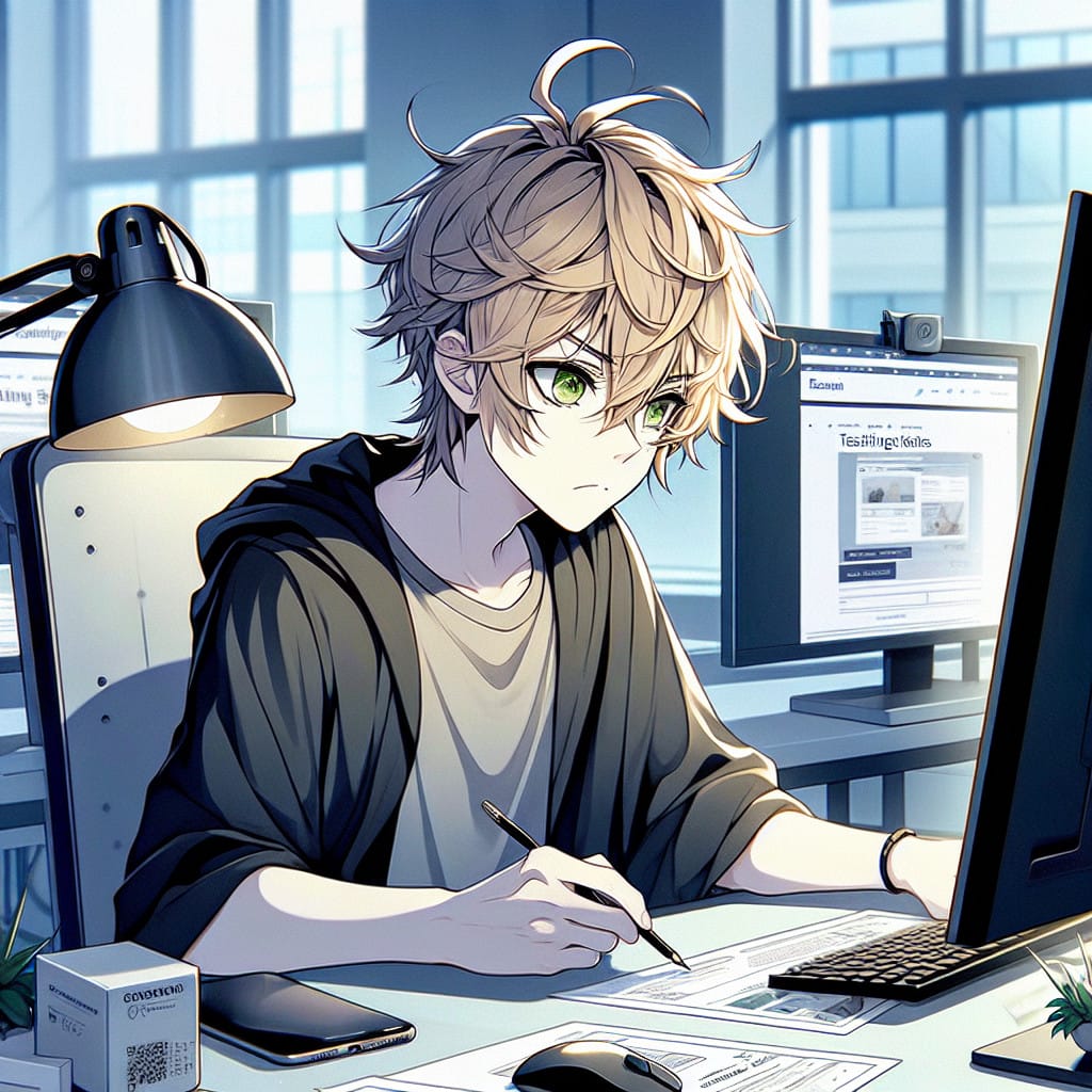 imagine in anime seraph of the end like look showing an anime boy with messy blond hair and green eyes working in website testing