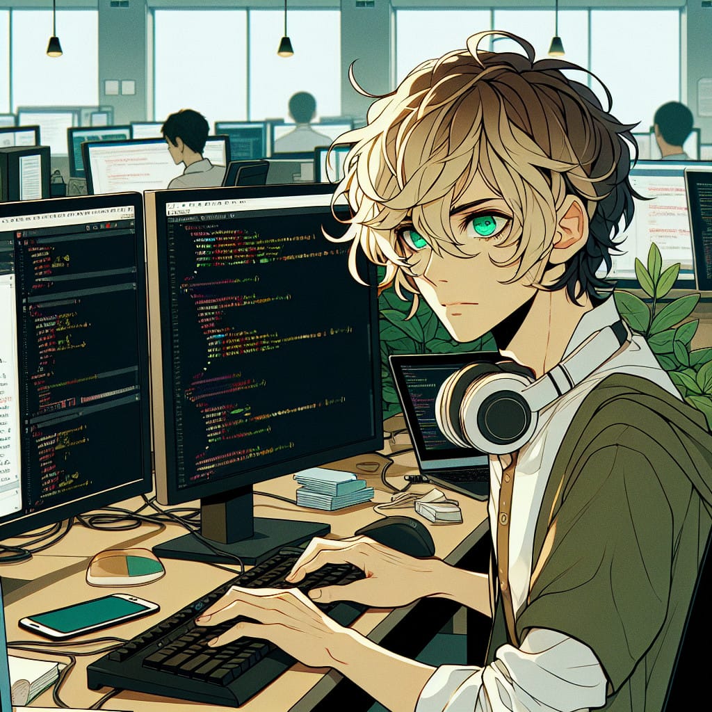 imagine in anime seraph of the end like look showing an anime boy with messy blond hair and green eyes working in wordpress agentur