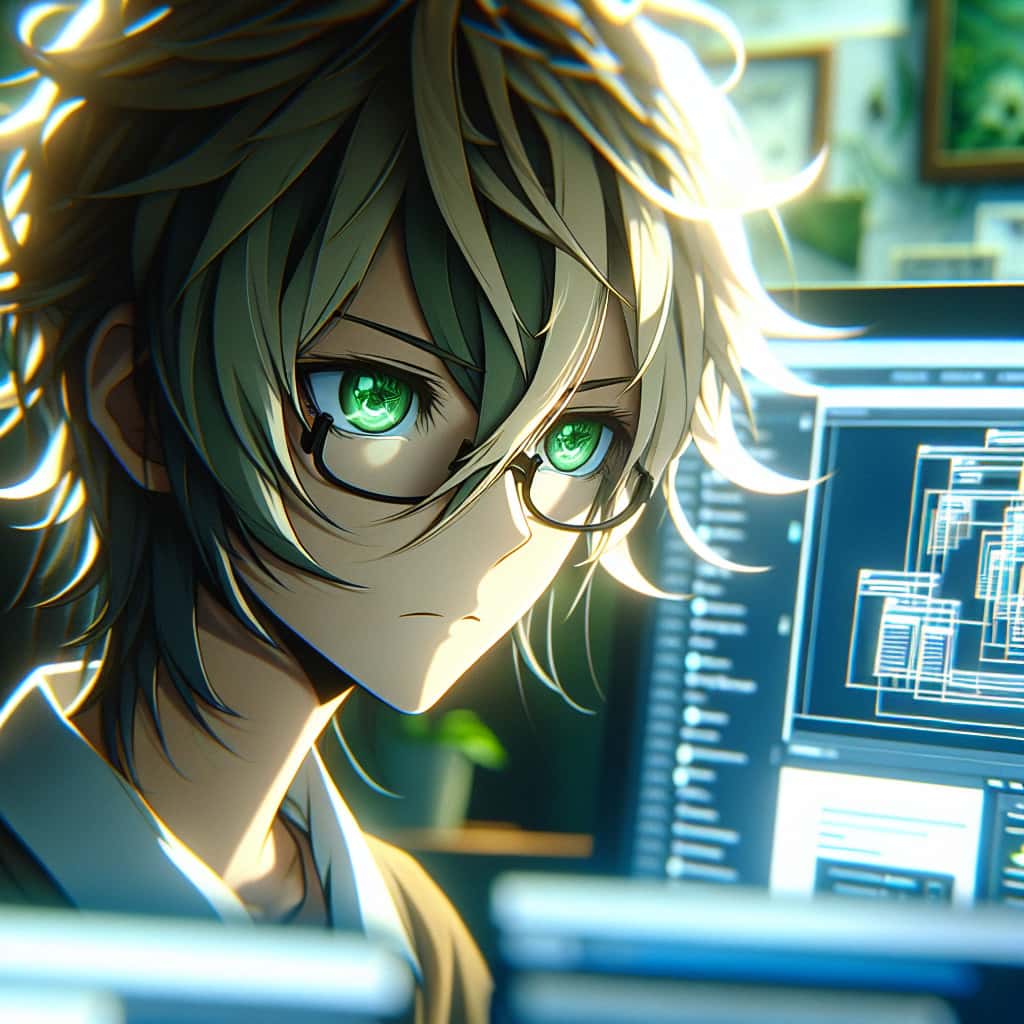 imagine in anime seraph of the end like look showing an anime boy with messy blond hair and green eyes working in wordpress designer