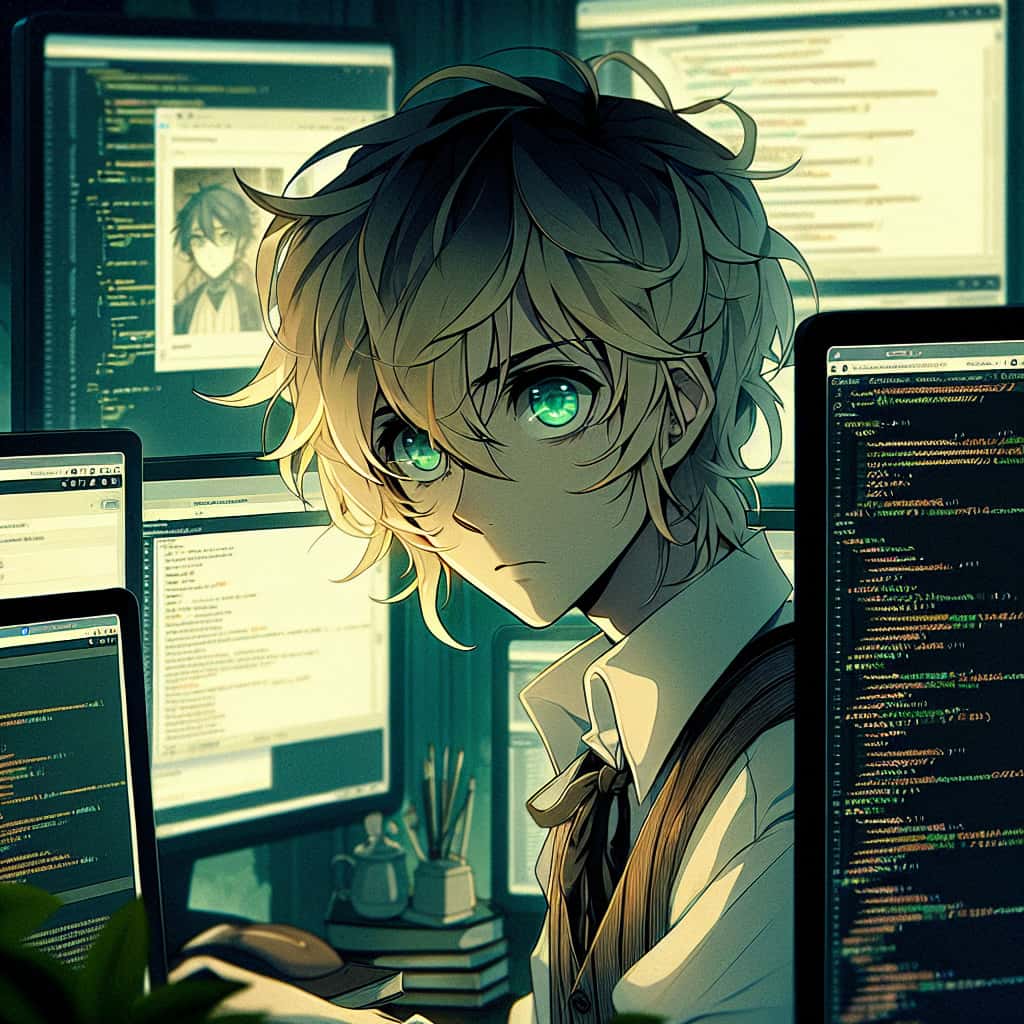 imagine in anime seraph of the end like look showing an anime boy with messy blond hair and green eyes working in wordpress entwickler