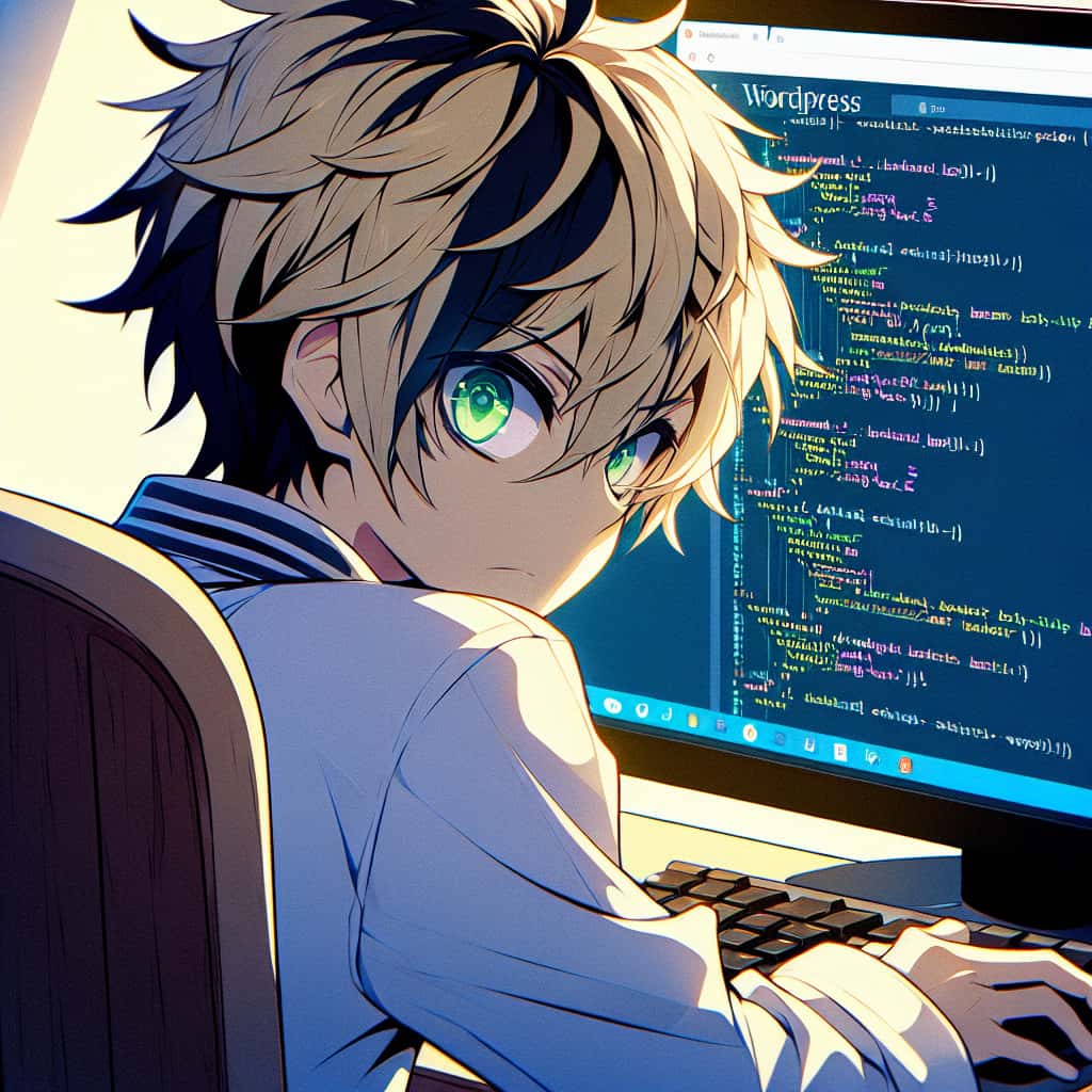 imagine in anime seraph of the end like look showing an anime boy with messy blond hair and green eyes working in wordpress fehlerbehebungen
