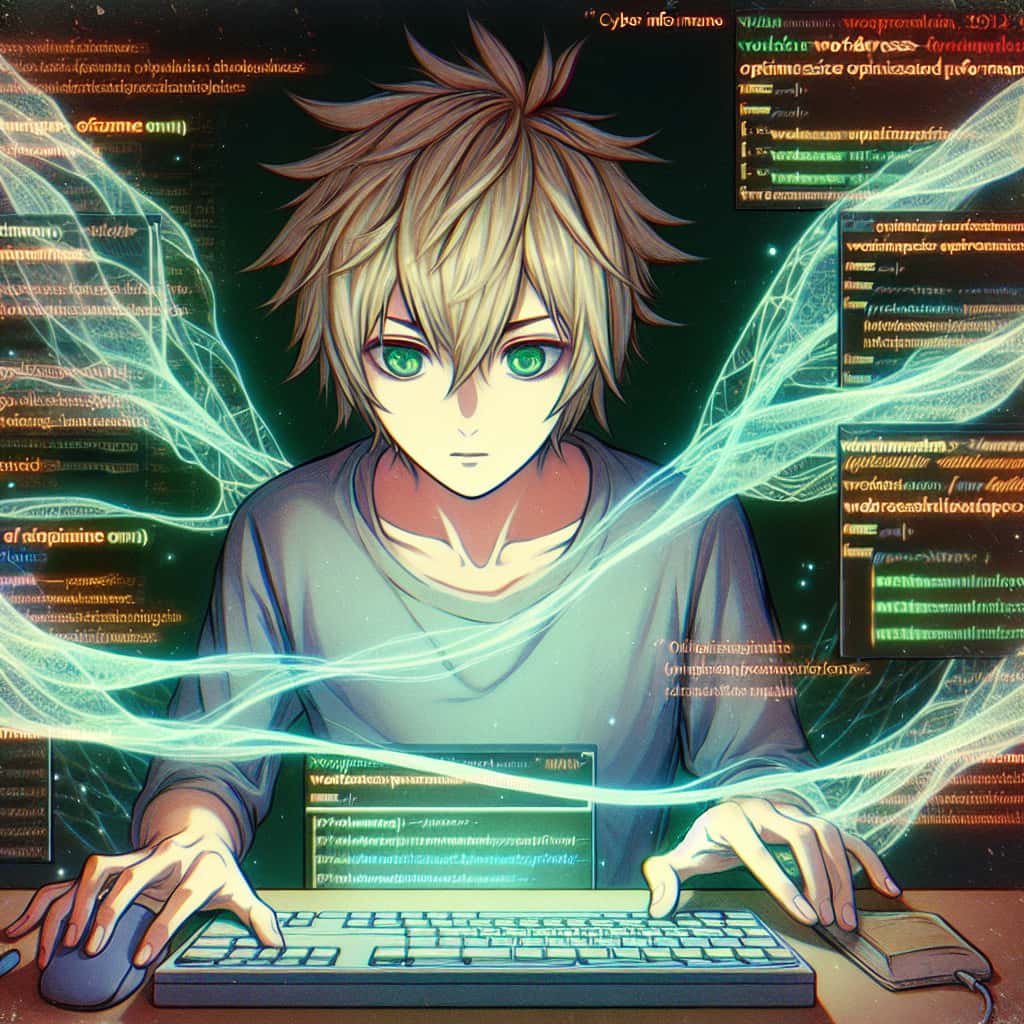imagine in anime seraph of the end like look showing an anime boy with messy blond hair and green eyes working in wordpress performance optimierung