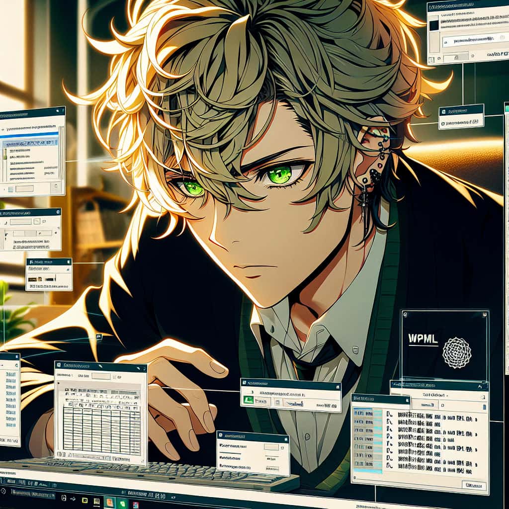 imagine in anime seraph of the end like look showing an anime boy with messy blond hair and green eyes working in wpml uebersetzung